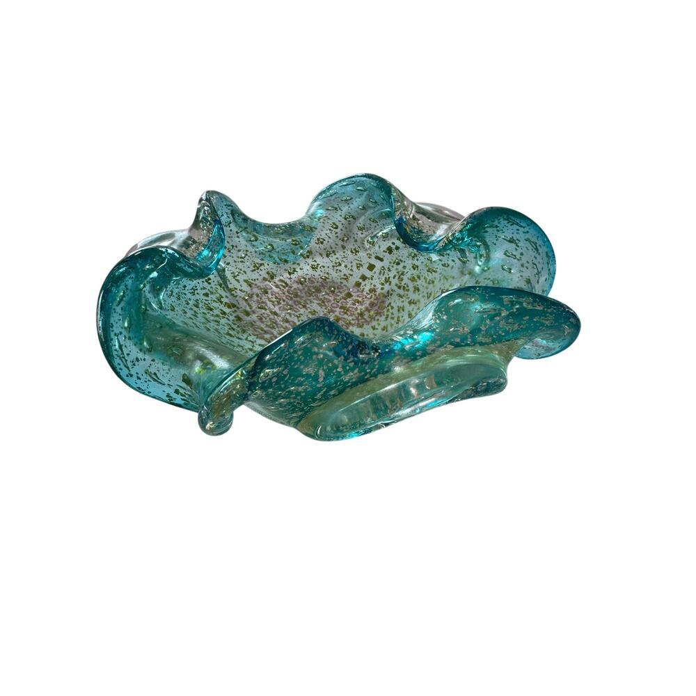 Vtg Murano Bollinato Blue Metallic Gold Fleck Scalloped Art Glass Bowl Ashtray - Picture 13 of 16